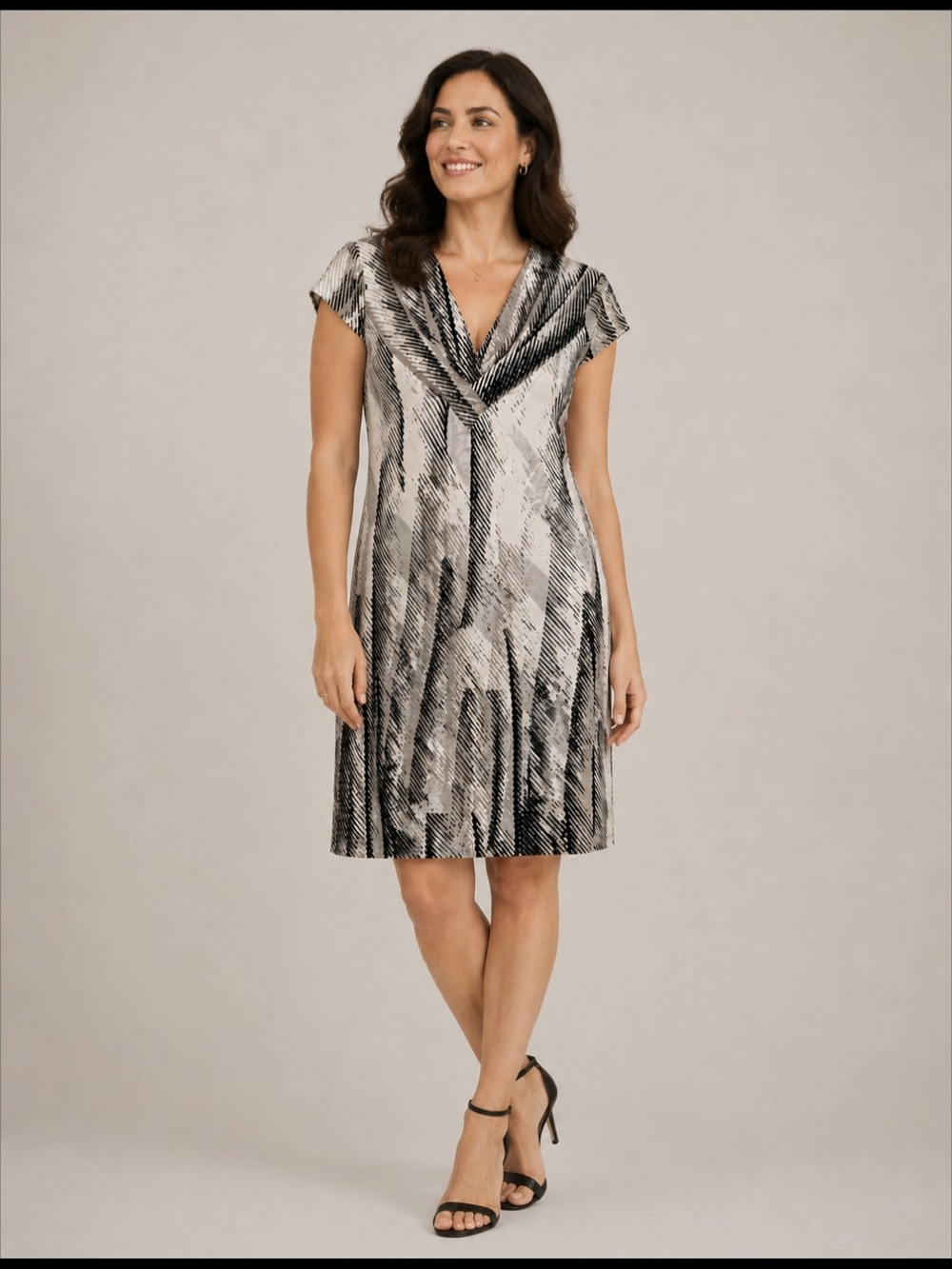 Steilmann Black & White V-Neck Fit-and-Flare Midi Dress
